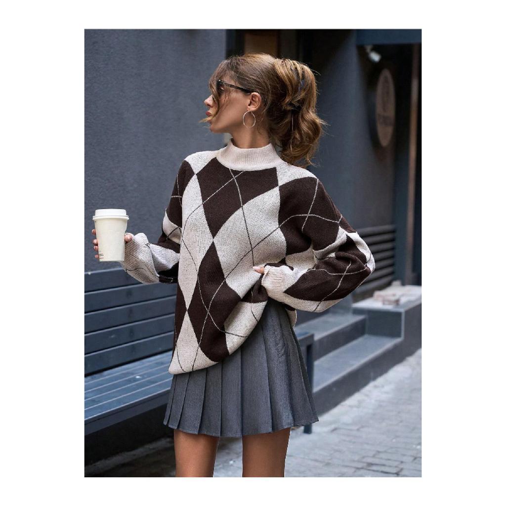 Women's Diamond Patterned Black High Collar Knitwear Sweater