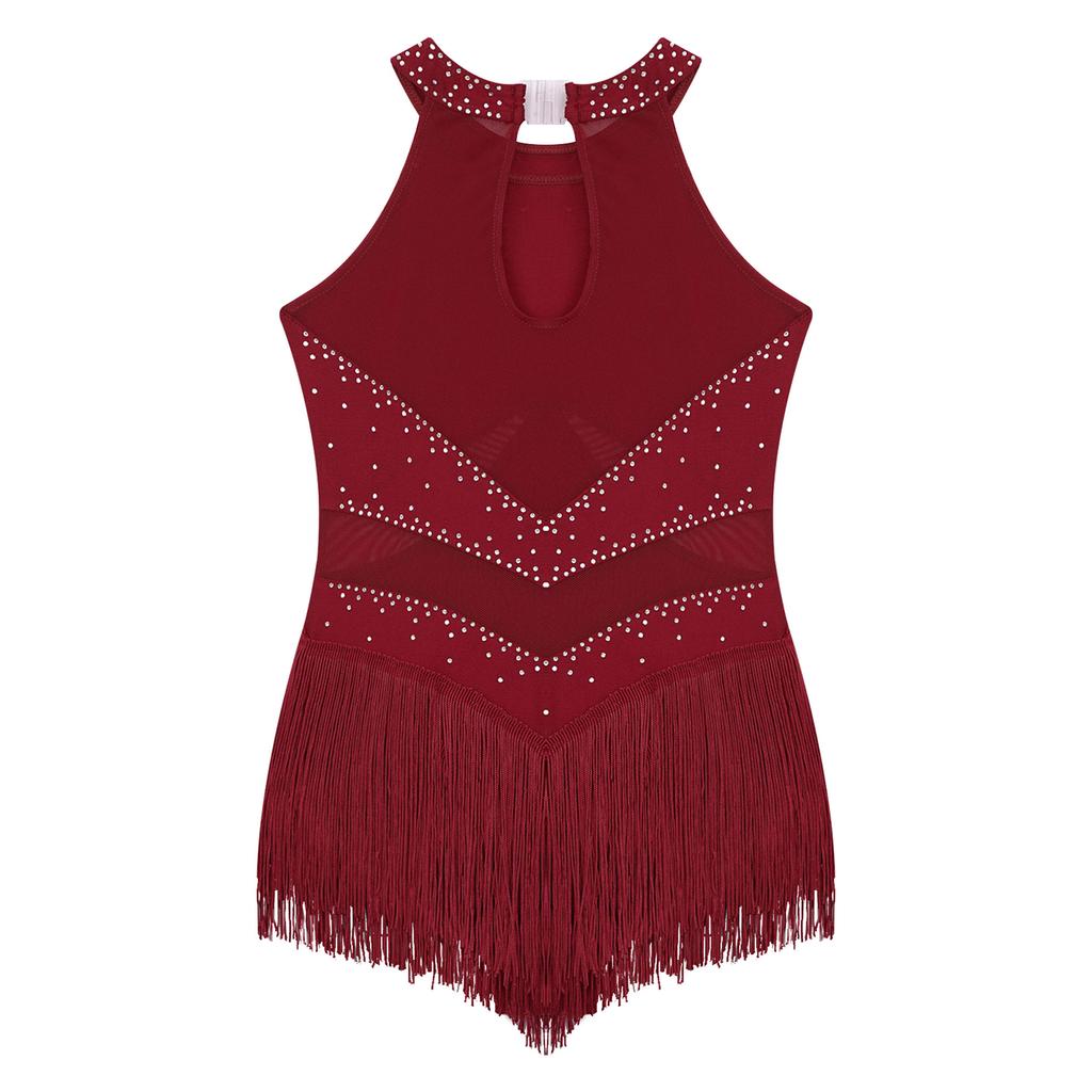Детское трико для латинских танцев для девочек, костюм для фигурного катания, танго, ча-ча, без рукавов, сетчатое боди с кисточками и стразами
