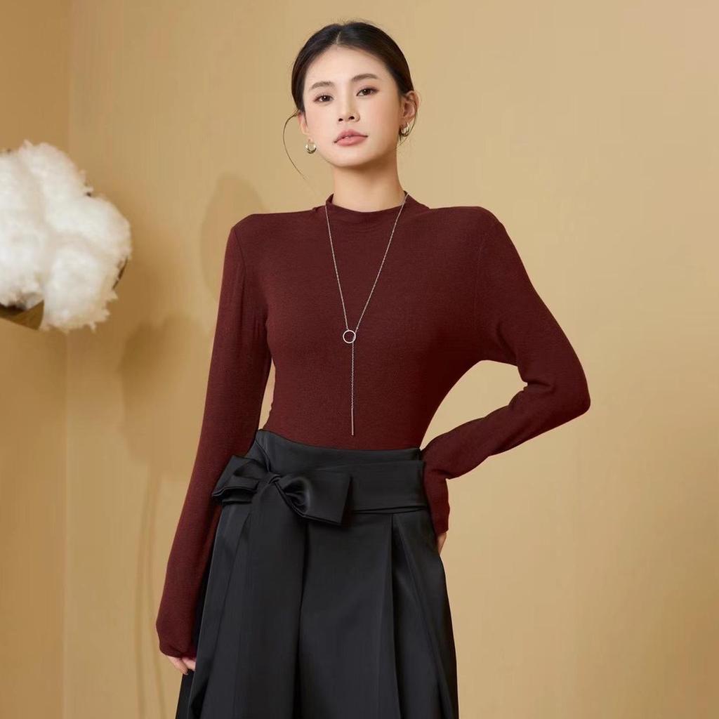 Women's Tencel Wool Acetate High Elastic Stand Collar Slim Fit Long Sleeve Base Layer Top for Autumn/Winter Warmth.