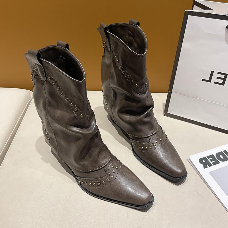 Осенние ковбойские сапоги рыцарские сапоги в стиле вестерн ретро новые остроконечные сапоги толстый каблук короткие сапоги женские брюки-трубы заклепки модные