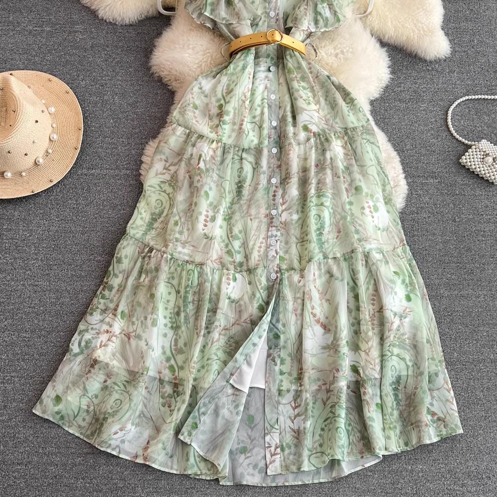 Summer Elegant Flower Chiffon Long Maxi Beach Holiday Dress Women's Butterfly Sleeve O Neck Single-Breasted Belt Floral Print Party Robe