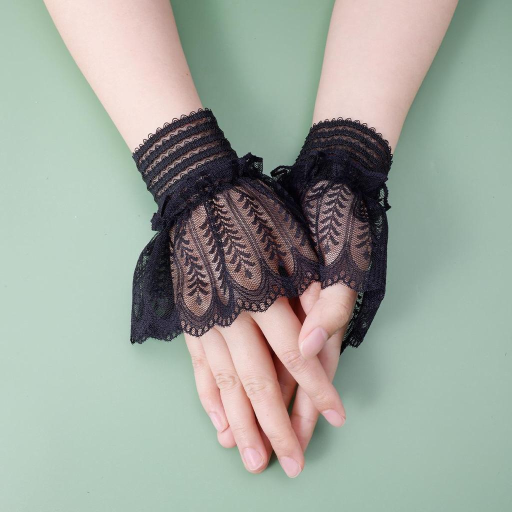 Lace Short Sleeve Women's Sweater with Mesh Sleeve Details and Faux Cuffs - Black/White