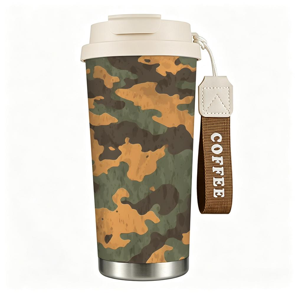 Camouflage Print Stainless Steel Insulated Coffee Tumbler Walled Vacuum Thermal Cup, Portable Reusable Drinkware for Outdoor Travel Camping