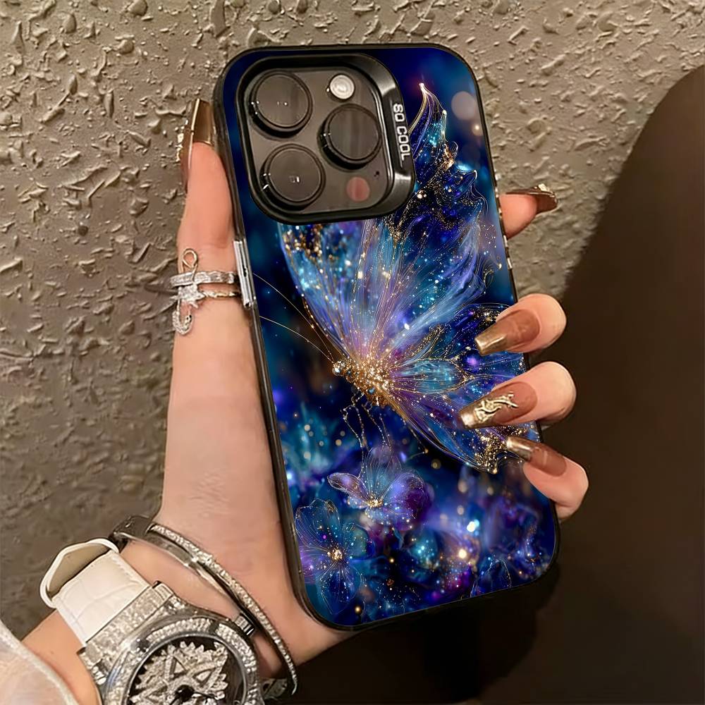 G-Glow in the dark B-butterfly Phone Case For iPhone 17,16,15,14,13,12,11 Plus,Pro Max,XS,Colored Silver Plated Inside Cover