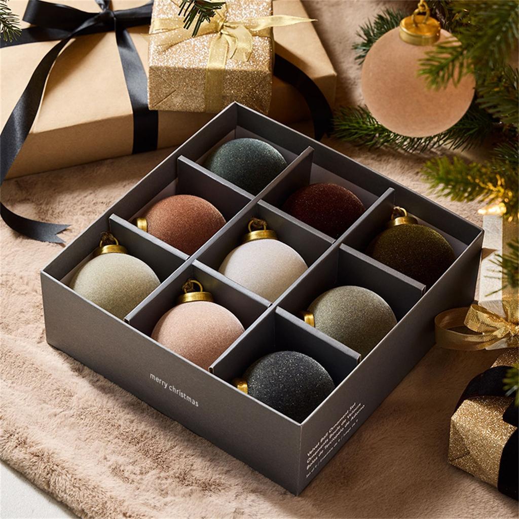 Christmas Flocked Ornaments 8cm 9Pcs Muted Color Cloth Wrapped Balls Christmas Tree Hanging Decor Mall Holiday Festive Decor