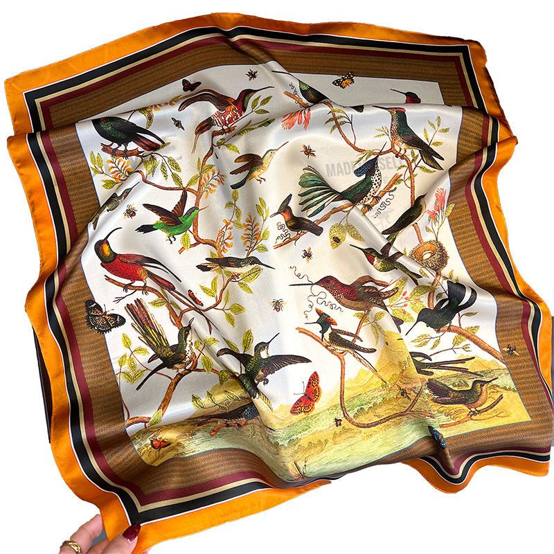 Spring, Summer And Autumn, Thin Birds Contending Painting Orange Curled Edge Simple Mulberry Silk Silk Scarf Large Square Scarf Women