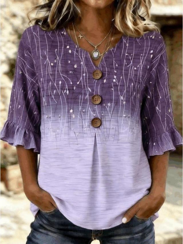 Women's Purple Ombre Floral V-Neck Button Front Blouse, 3/4 Bell Sleeve Loose Casual Top for Daily Wear, Office & Spring Summer