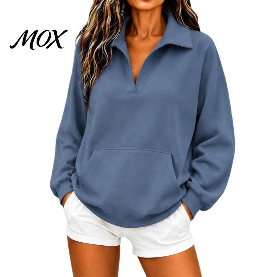 Ribbed Cuff Pullover Women V-Neck Sweatshirt with Kangaroo Pocket, Fit Drop-Shoulder Top, Loose Casual Long Sleeve Top for Autumn Winter Drop Shoulder