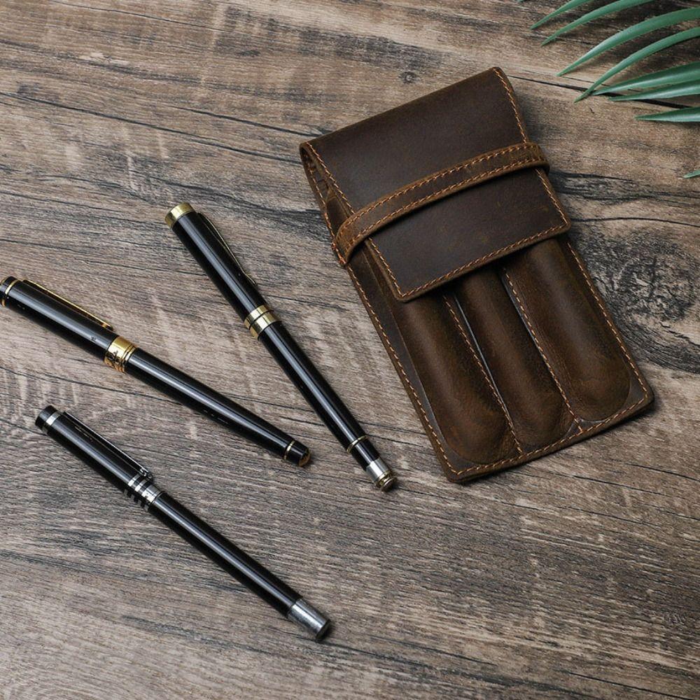 Handmade Pen Pencil Case Leather Desktop Organizer Retro Pen Pouch Holder Stationary