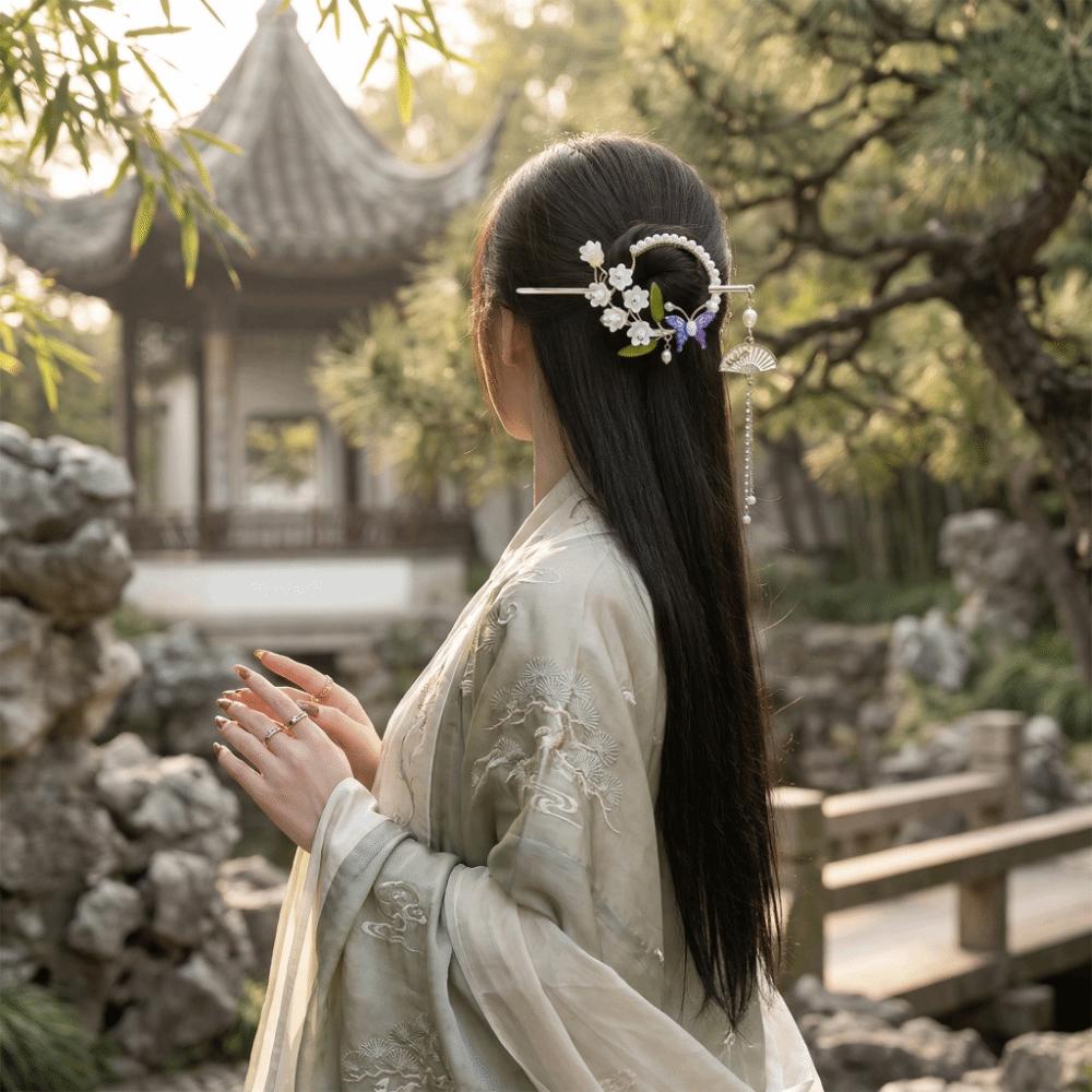 Elegant Hanfu Hairpin Vintage Long Tassels Floral Hair Accessory Flower Design Alloy Material Pearls Hair Sticks Daily Use