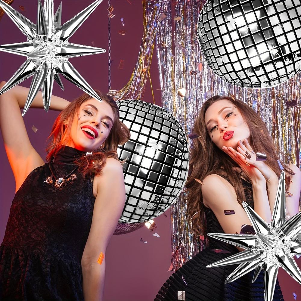 8-Pack 22inch Silver Disco Balloons, 4 Silver Disco Balloons, 4 Silver Exploding Stars, Foil Balloons, Suitable for Dance Parties, Birthday Pa