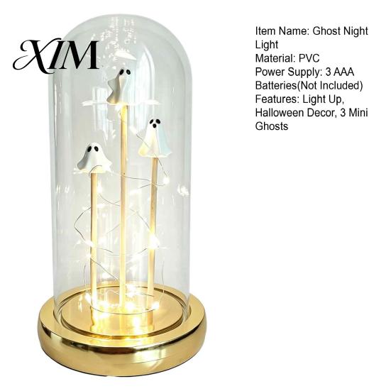 Scary Lighted Sculpture Halloween Indoor Light Up Ghost in Dome Cloche, Cute 3 Mini Figurine Decorative Night with Warm LED for Party Home Table