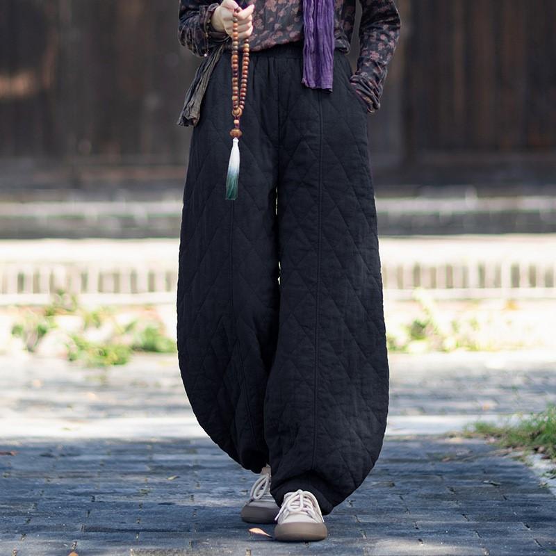 Johnature Женские винтажные панталоны Зимние брюки с эластичной талией Однотонные брюки Теплые свободные брюки