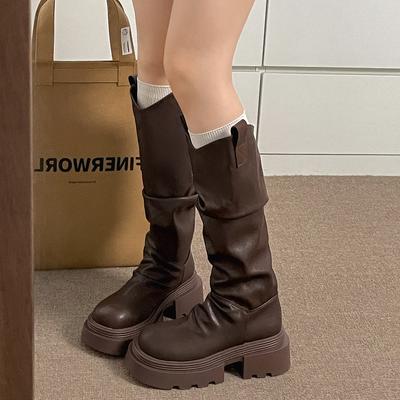 Коричневые винтажные ботинки на платформе Maillard женские ботинки 2025 новая осень увеличивающие рост облегающие рыцарские длинные сапоги