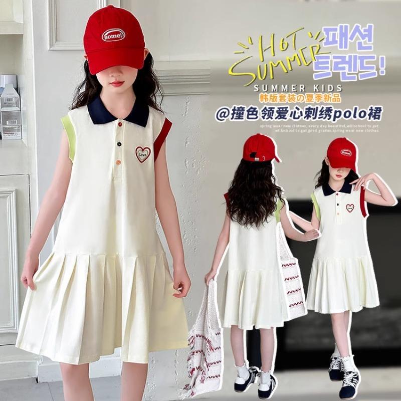 Girls Summer Preppy Polo Collar Sleeveless Pleated Dress Medium Large Kids Casual Vest Skirt