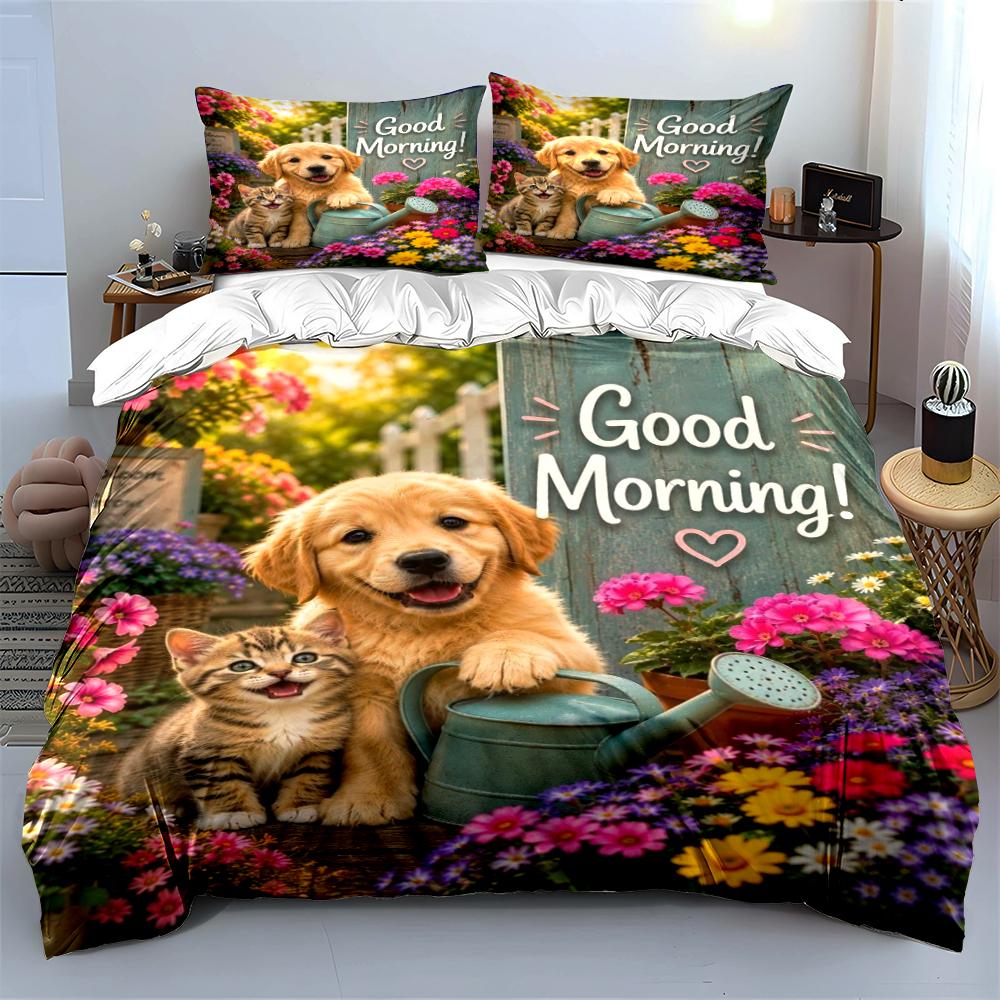 Good Morning Puppy and Kitten Bedding Set Bedding set (1 duvet cover, 2 pillowcases, duvet not included)