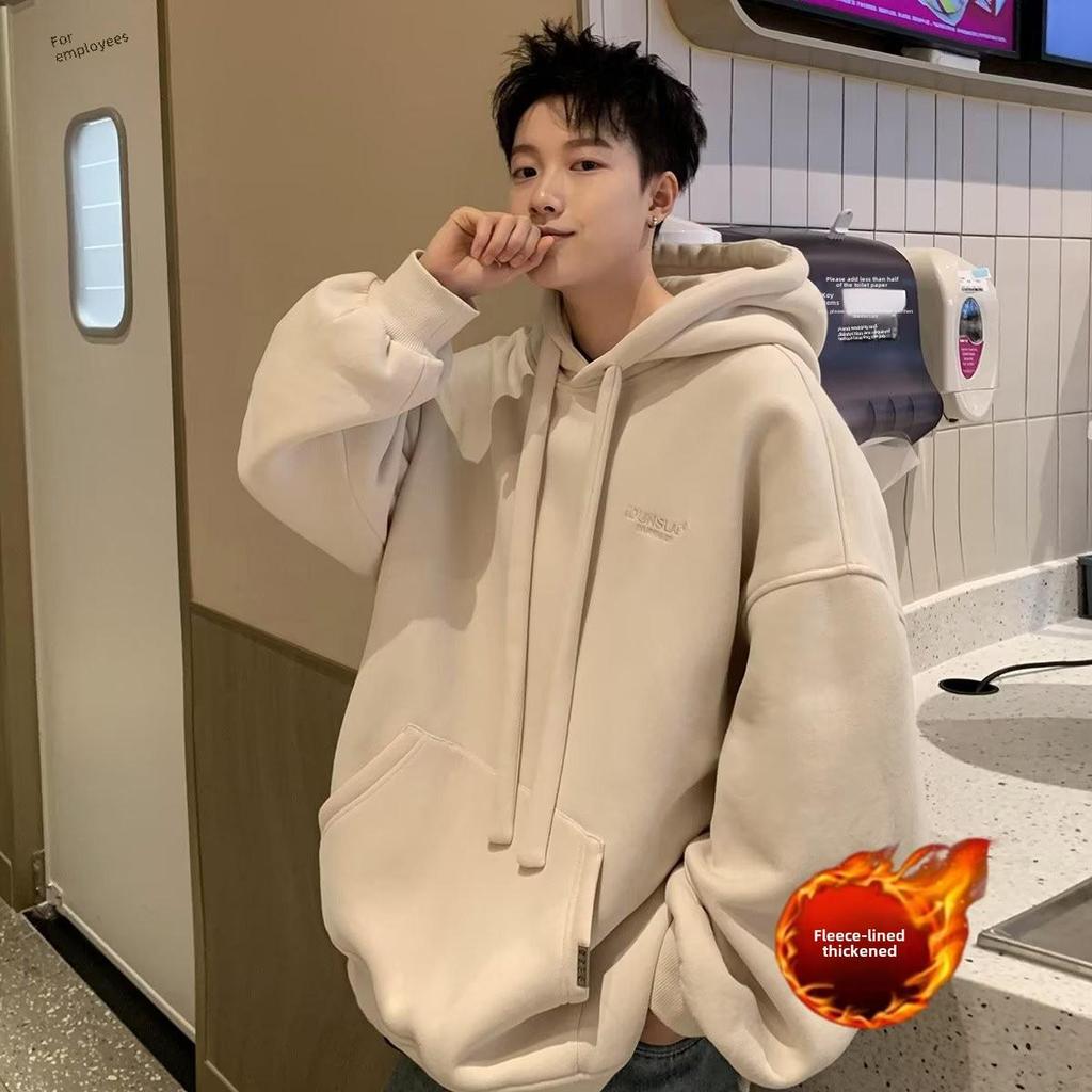 Huamian Men's Heavyweight Hooded Sweatshirt - New Autumn/Winter, Velvet Lined, Trendy American Style, Loose Fit