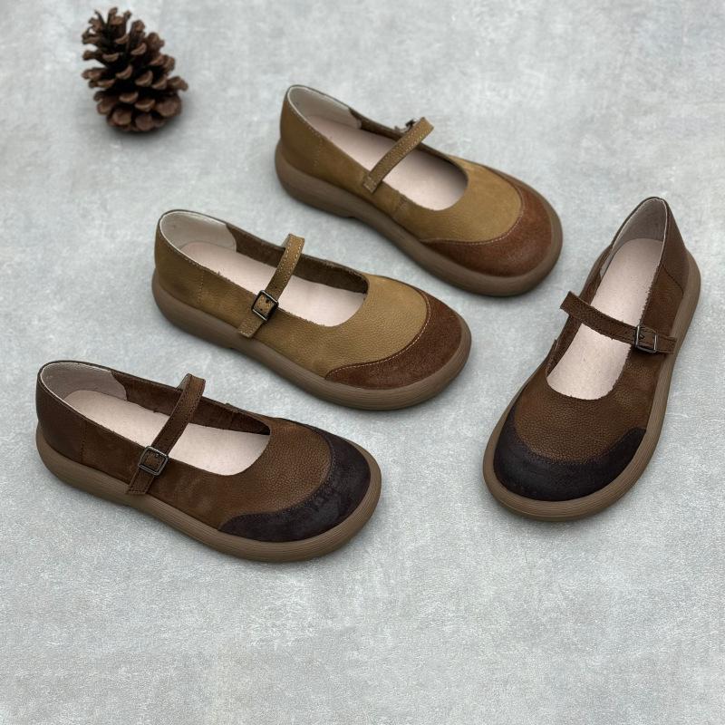 Johnature Женские туфли ручной работы из натуральной кожи в стиле ретро с круглым носком, неглубокие мягкие туфли из воловьей кожи на плоской подошве