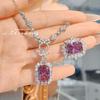 Foydjew Luxury Large Carat Square Princess Cut Pink Cubic Zirconia Pendant Necklace Women Copper Color Ring Wedding Zircon Sets