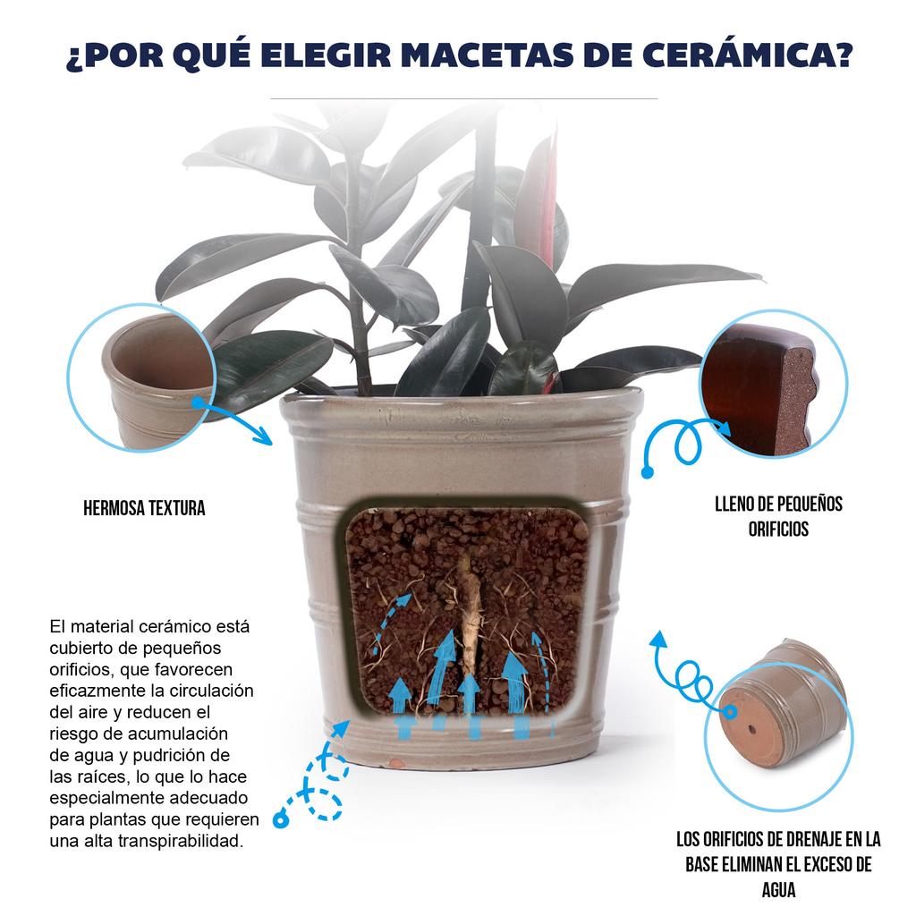 Single Handmade Ceramic Planter (diameter 40.5 cm), Glossy Taupe Brown with Horizontal Groove Structure, Breathable, Frost-Resistant