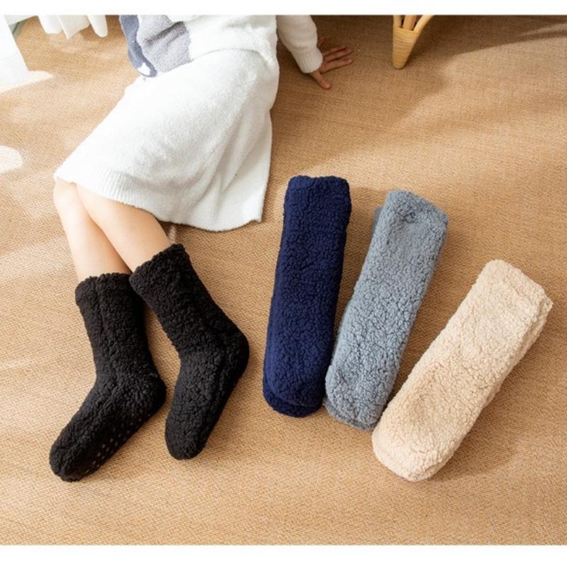 1 Pair Winter Warm Women Floor Socks Solid Color Plush Soft Non-slip Home Thickened Thermal Carpet Sock
