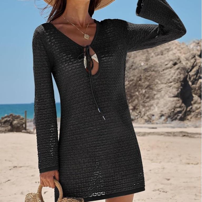 Women's V Neck Long Sleeve Crochet Mini Dress Bodycon Casual Beach Swimwear Cover Up