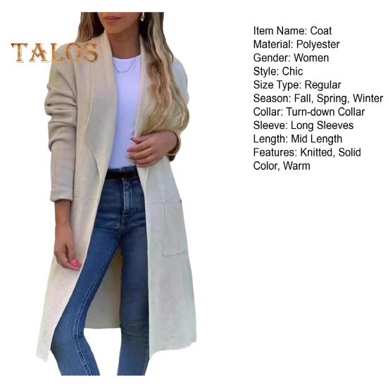 Женская шерстяная куртка с отложным воротником, однотонное трикотажное пальто средней длины, с длинными рукавами, для поездок на работу, свиданий, весна, осень, зима, пальто