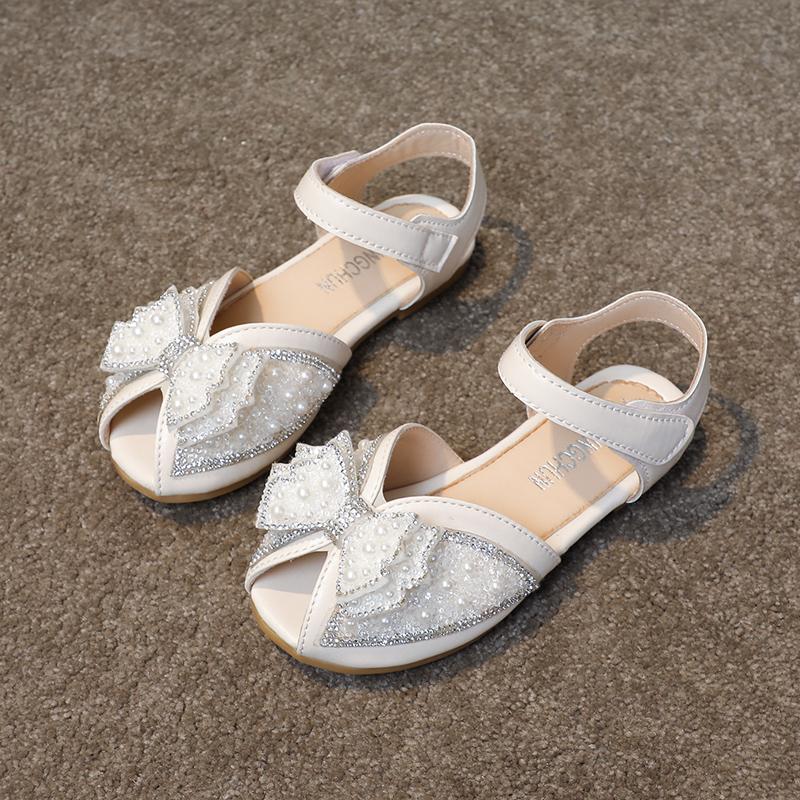 Girls Princess Sandals Peep Toe Kids Toddlers Elegant Rhinestone Sandals Fashion Children Pearls Performance Shoes with Bow-knot