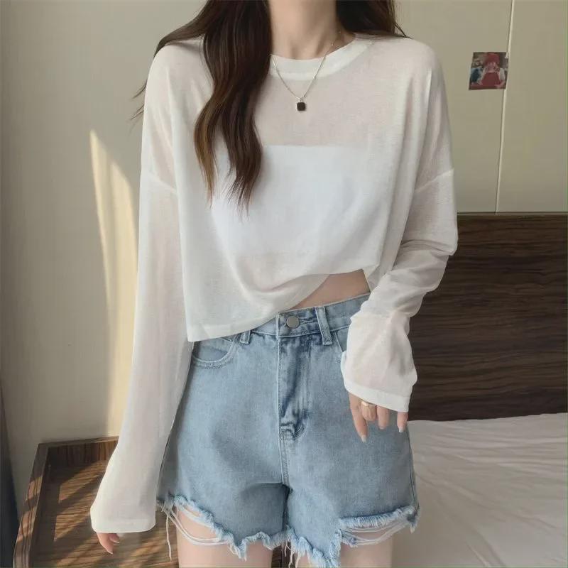 Women's Long-Sleeve Ice Silk Sun Protection T-Shirt - Korean Style, Summer, Loose Fit, Airy and Versatile