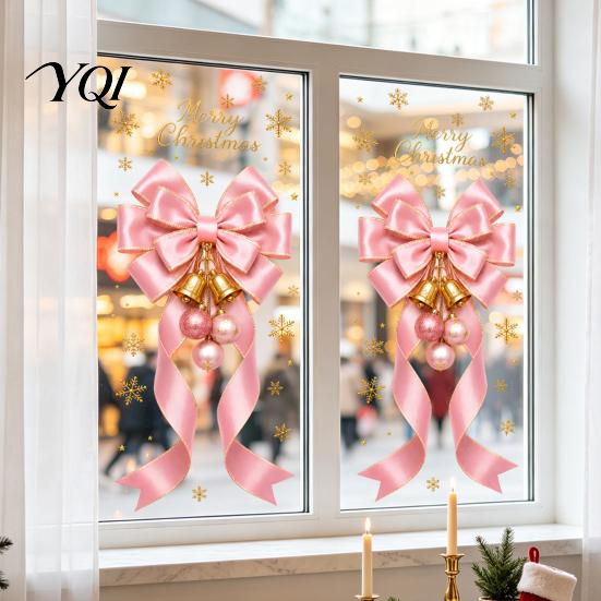 Static Glass Stickers Sticker, Christmas Theme Bow Pattern Print, Removable Reusable Decals Electrostatic PVC Film for Home And Store Doors