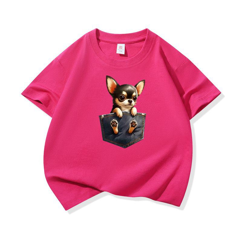 Kids Cotton T Shirt Tiny Pocket Chihuahua Puppy Dog Print Crew Neck Short Sleeve Tee Casual Boys Girls Summer Tops