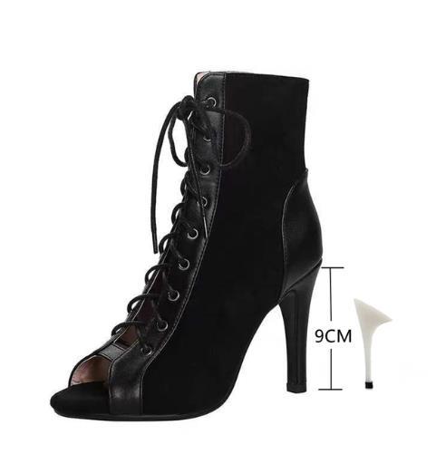 Модные босоножки на каблуках со шнуровкой 9 см женская обувь лето 2024 тренд черные сексуальные ботинки с открытым носком модные тканевые туфли на шпильке джазовые танцевальные женские