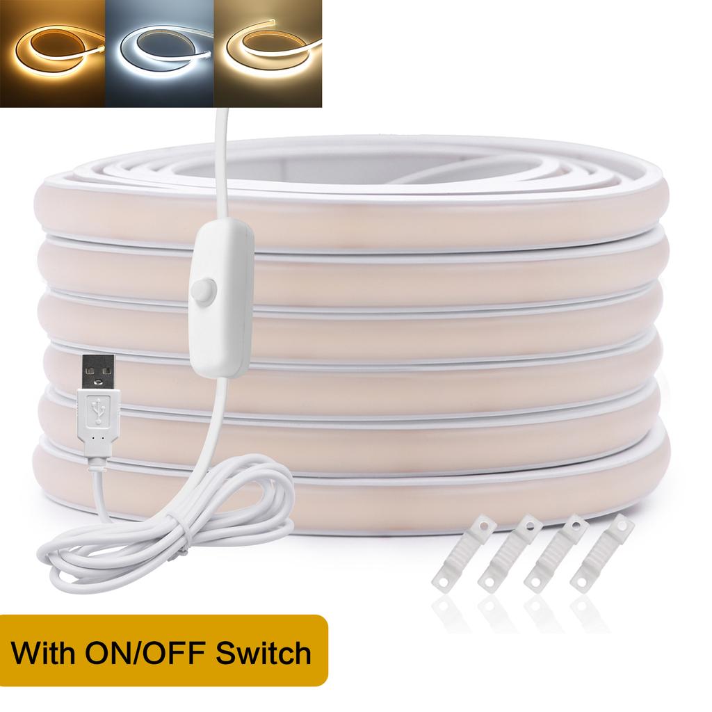 5V USB COB Neon LED Strip with Touch Dimmer/Switch 320LEDs/M IP68 Warm Natural White Flexible Rope Light Cabinet Room Decor 1-5M