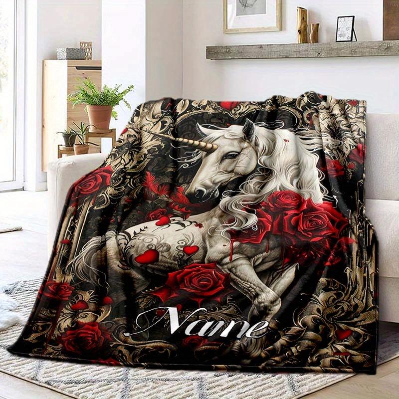 Dark Style Unicorn Customize Your Name Blanket Used For Chair Office Sofa Bed Camping Soft And Warm Giving Friends And Relatives Birthday Graduation