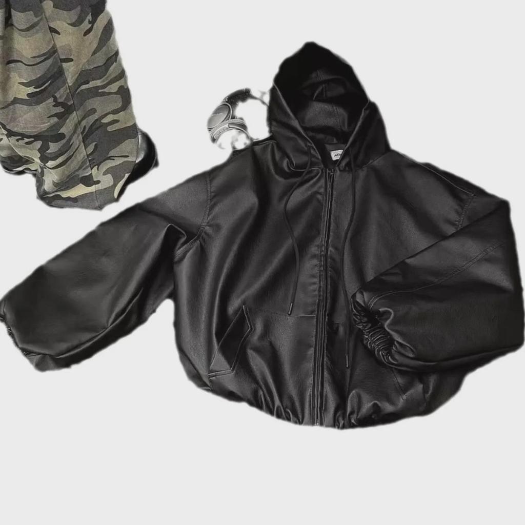 Men's Black Hooded PU Leather Baseball Jacket - Stylish Retro Spring/Autumn Outerwear