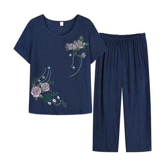 2 Pcs/Set Women Top Pants Set O Neck Flower Print Grandma Style Elastic Waists Summer Pajamas Set for Daily Wear