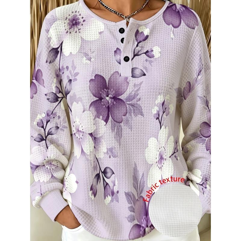 Henley Collar Button-Front Long Sleeve Top, Waffle Fabric, All-Over Print Long Sleeve T-Shirt