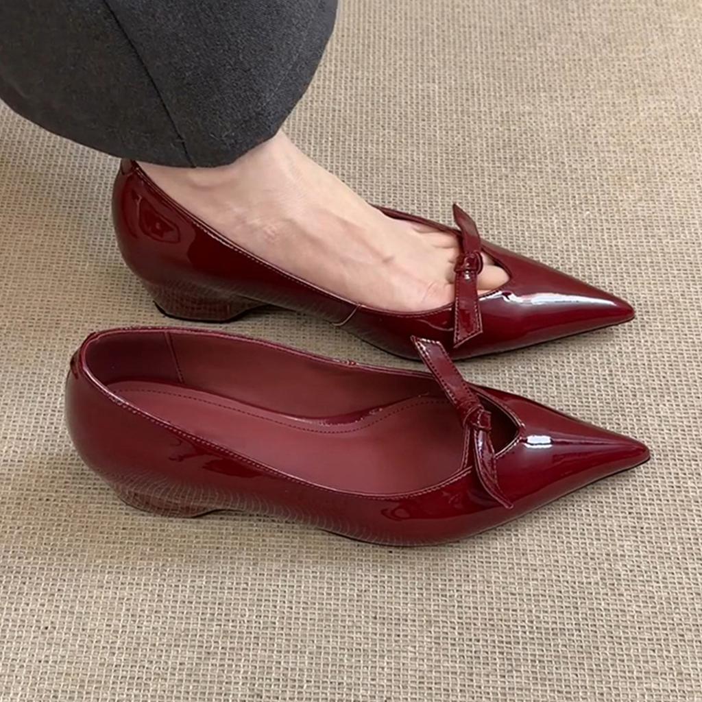 Овчина французский темперамент внутренняя высота увеличение полые туфли-лодочки женские туфли на одном ремешке с острым носком и бантом Мэри Джейн