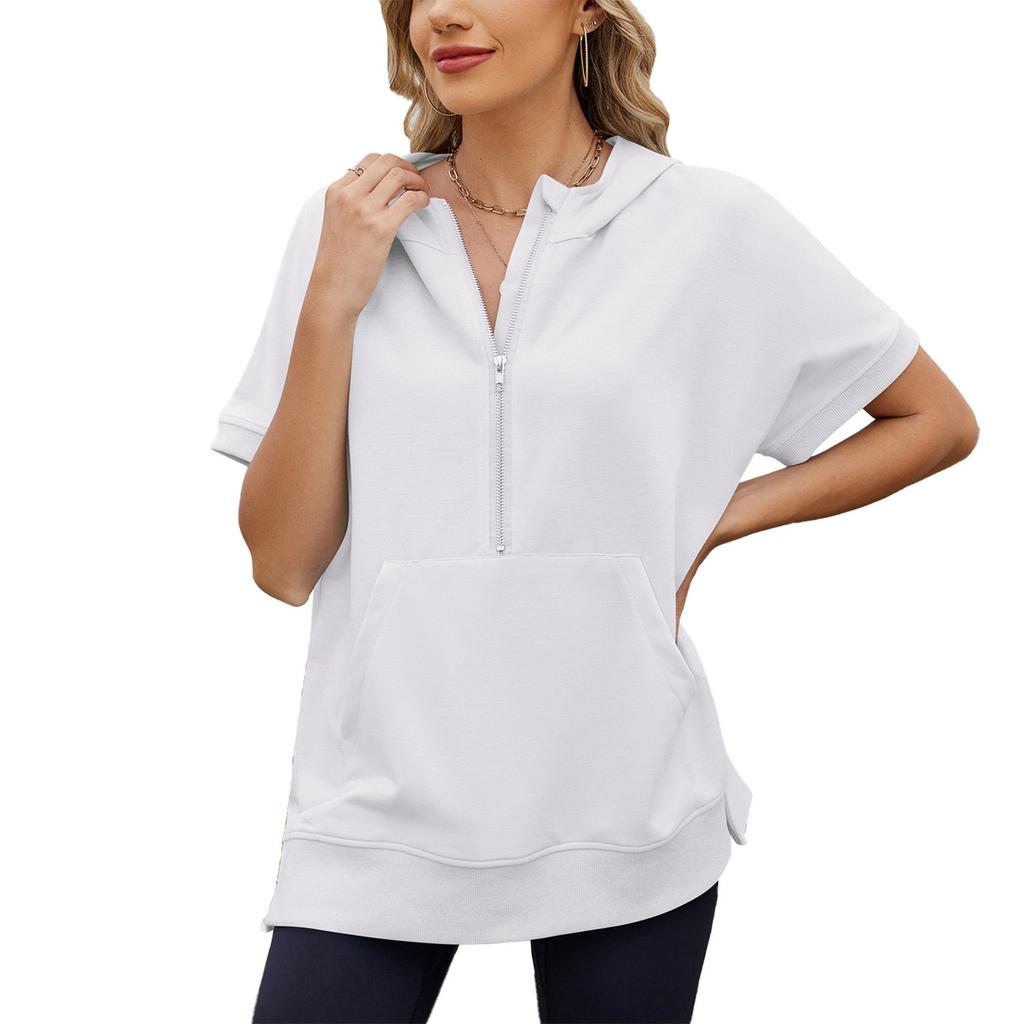 Женская мода однотонный свободный короткий рукав с капюшоном и карманом на молнии