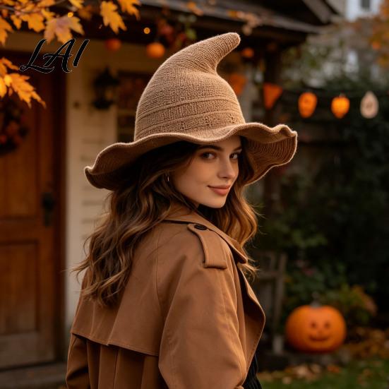 Theme Event Costume Hat Women Pointed Witch Hat Foldable Wide Brim Knitted Cap Halloween Retro Style Cosplay for Autumn Winter Themed Party