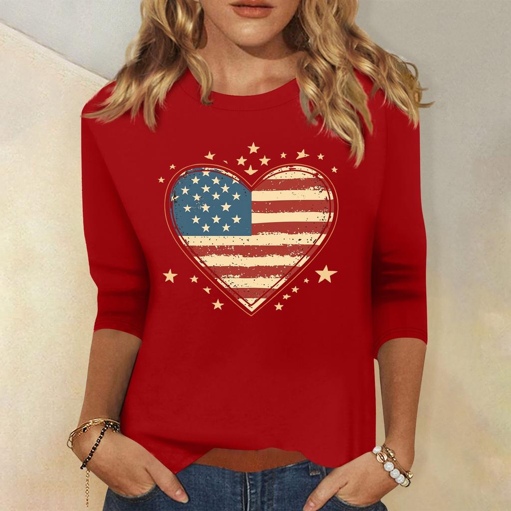 Women's Fashion Casual Round Neck 3/4 Sleeve Loose Independence Day Printed T-Shirt Ladies Top