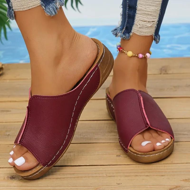Fashion Shoes for Women 2024 Hot Sale Open Toe Solid Women's Slippers Summer Outdoor Casual Beach Wedge Slippers Zapatillas Mujer