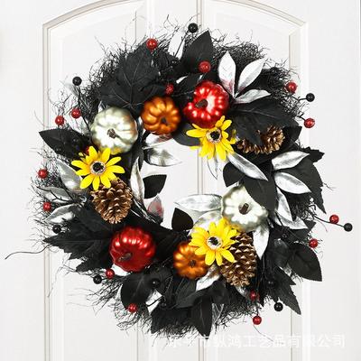 Halloween Wreath Decor With Plastic Skulls Maple Leaves Party Door Wall Hanging Decoration