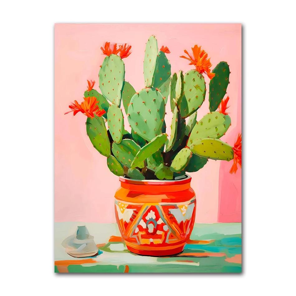 Vintage Modern Cactus Botanical Flower Vase Minimalist Wall Print Canvas Posters for Living Room Modern Home Decor