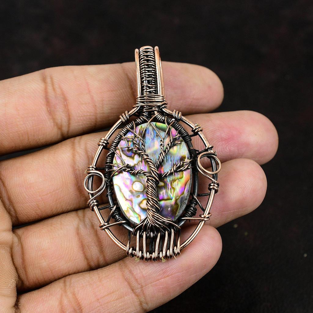 Древо жизни Подвеска из ракушки морского ушка Медная проволока Обернутая подвеска Драгоценный камень Медные украшения Подвеска ручной работы Подарок для него Ювелирные изделия из ракушки морского ушка