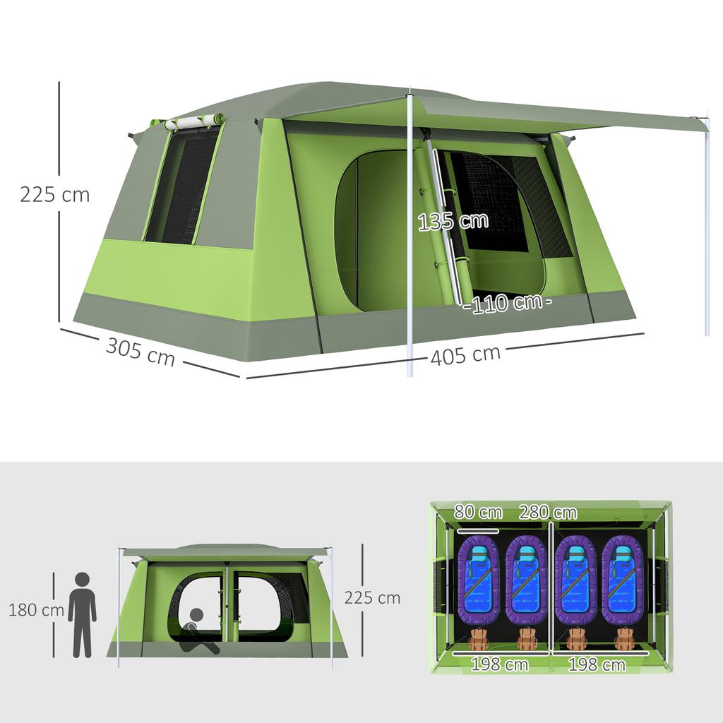 Tunnel Tent Camping Shelter w/ Porch, Two Rooms, Lamp Hook, Portable Carry Bag