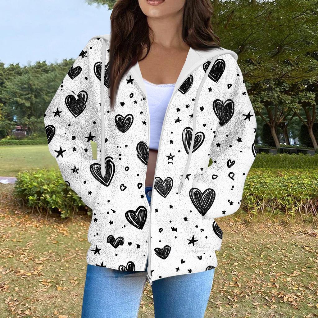 Women's Fashion Casual Long Sleeve Valentine's Day Print With Pocket Zipper Cardigan Jacket