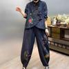 Ethnic Style Retro Disc Buckle Loose Large Size Embroidered Denim Western Style Suit Covering Meat and Slimming All-match Women's Two-piece Suit