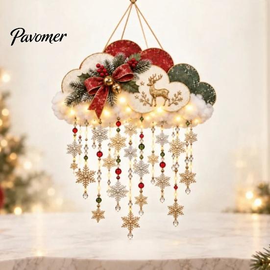 Snow Theme Wall Decor Vintage Lighted Christmas Snowfall Cloud, Cascading Snowflake Light with Reindeer/Angel, Winter Holiday Ornaments LED