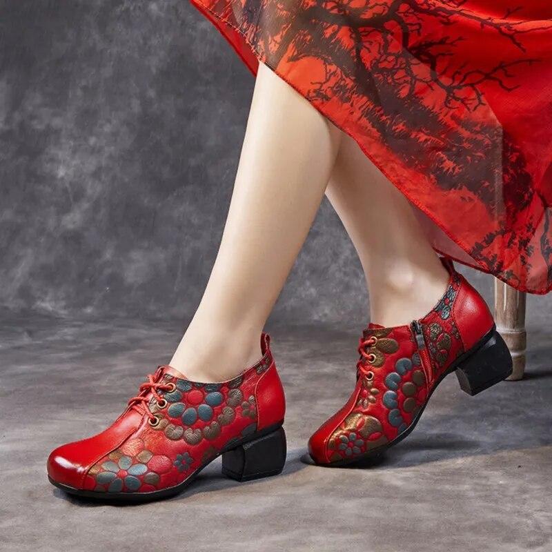 Johnature Женская обувь с принтом, туфли-лодочки из натуральной кожи в этническом стиле с круглым носком на толстом каблуке и мягкой подошвой